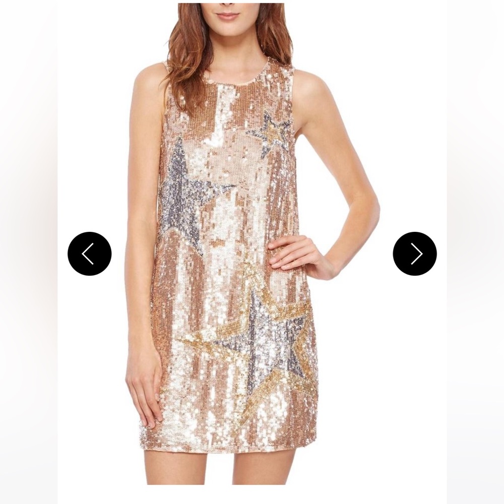 PARKER Allegra Star Sequin Cocktail Dress Champagne Gold w/ Silver, Small